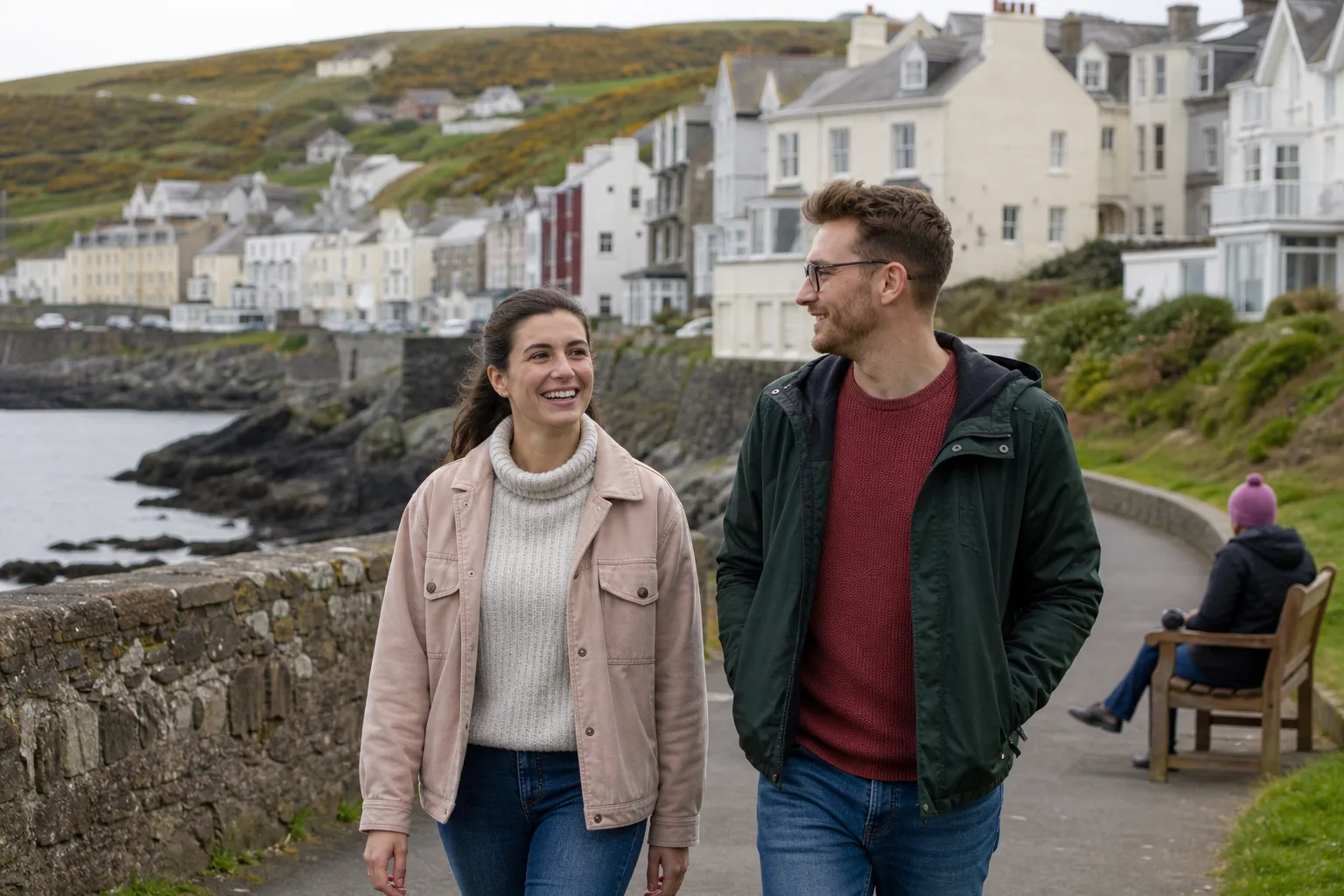 Two people meeting in a busy public place on the Isle of Man