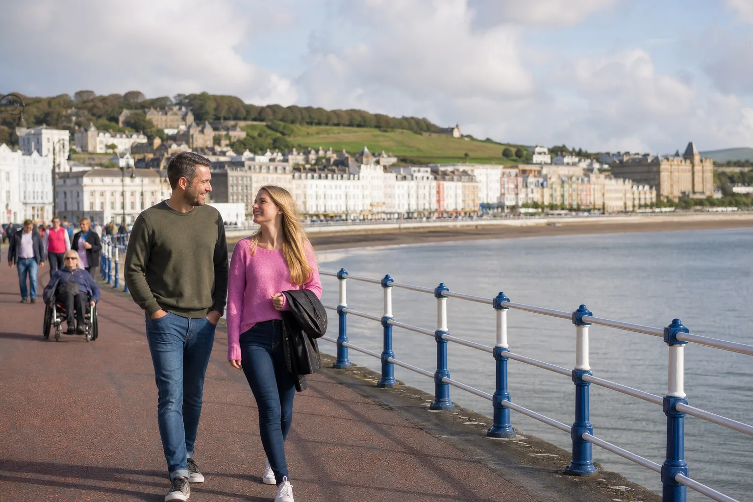 Couple walking beside the sea on Douglas Promenade