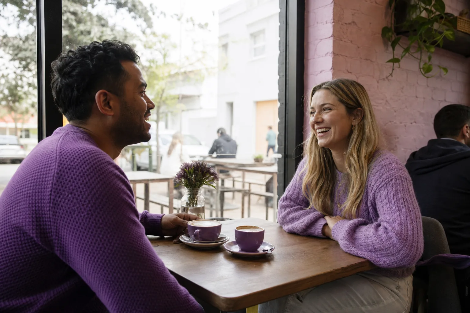 Two adults talking over coffee beside Douglas Promenade on the Isle of Man