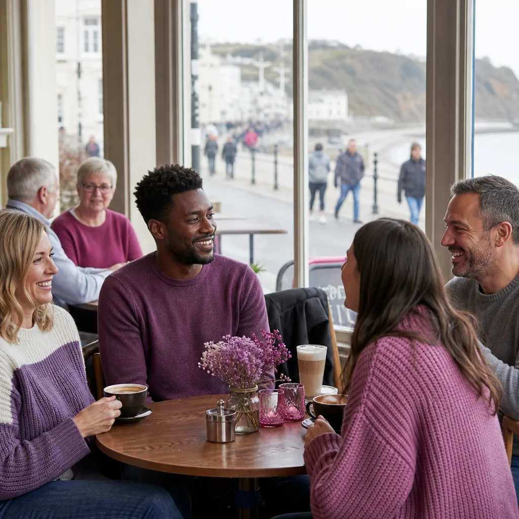 Friends meeting outside a community venue in Douglas
