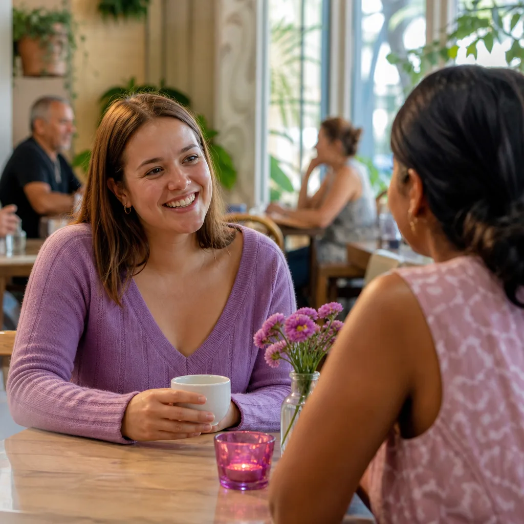 Woman writing a dating profile at a café in Douglas