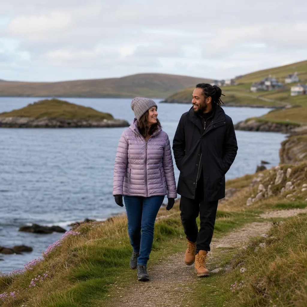 People walking beside Clickimin Loch in Lerwick
