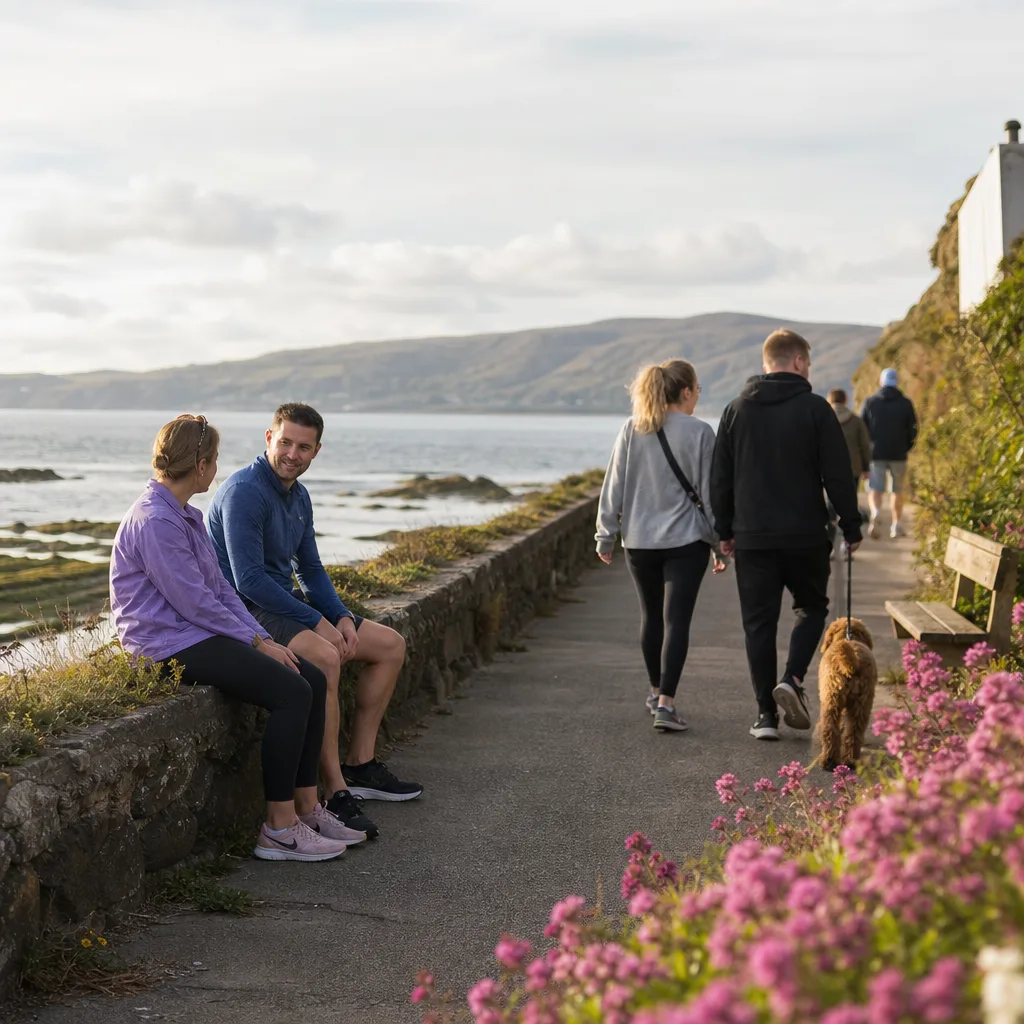 Two adults chatting over coffee after a local Isle of Man event
