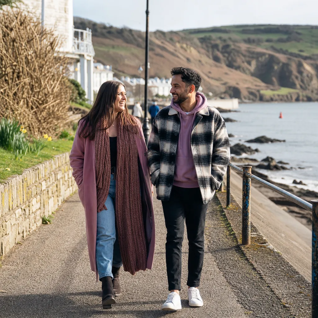 Two adults meeting in a busy public place on the Isle of Man